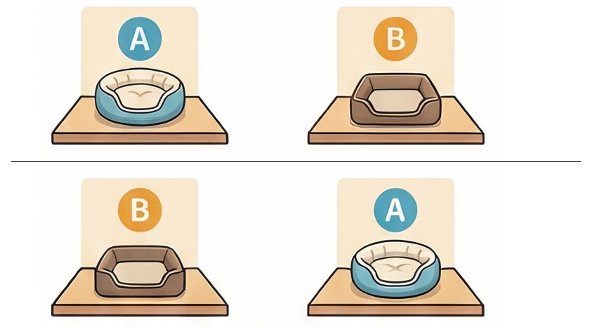 「『右側にあるもの』を選んでしまう癖（位置偏好性）を見抜くため、インテリアの置き場所を左右入れ替えてテストしている図解」