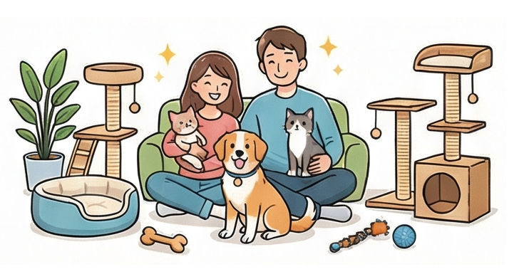 ペットと飼い主が仲良くリビングで遊んでいる様子の画像