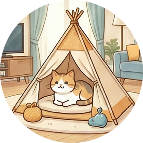 猫が家の中に置いてあるテントの中でくつろいでいるイラスト画像