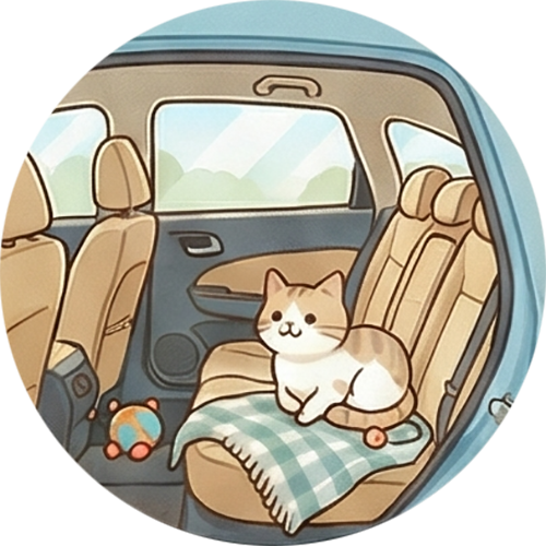 猫が車の中でのんびりしている様子のイラスト画像