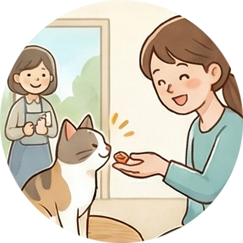猫が、飼い主の友人から餌をもらっている様子のイラスト画像