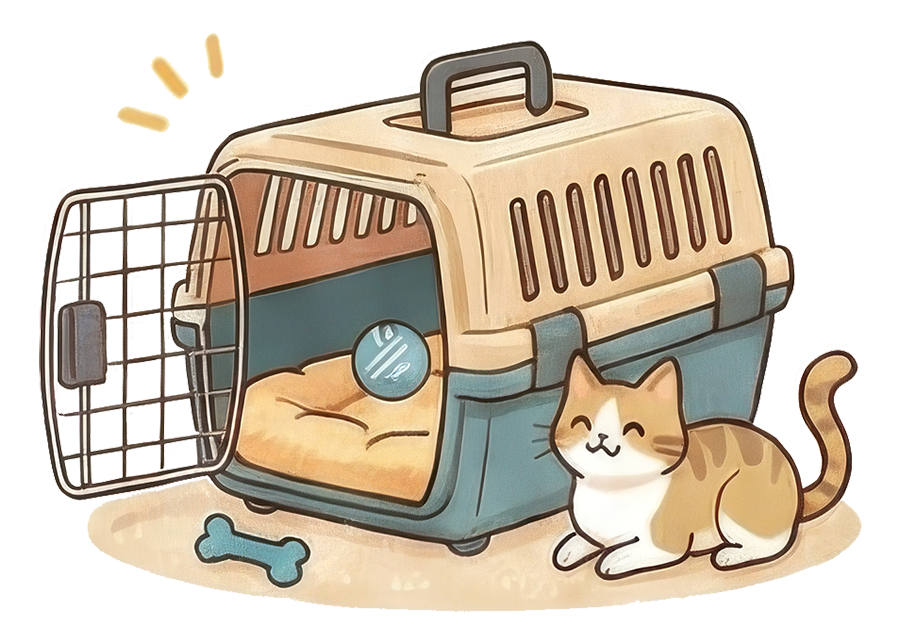 猫がケージの傍でリラックスしている様子のイラスト画像