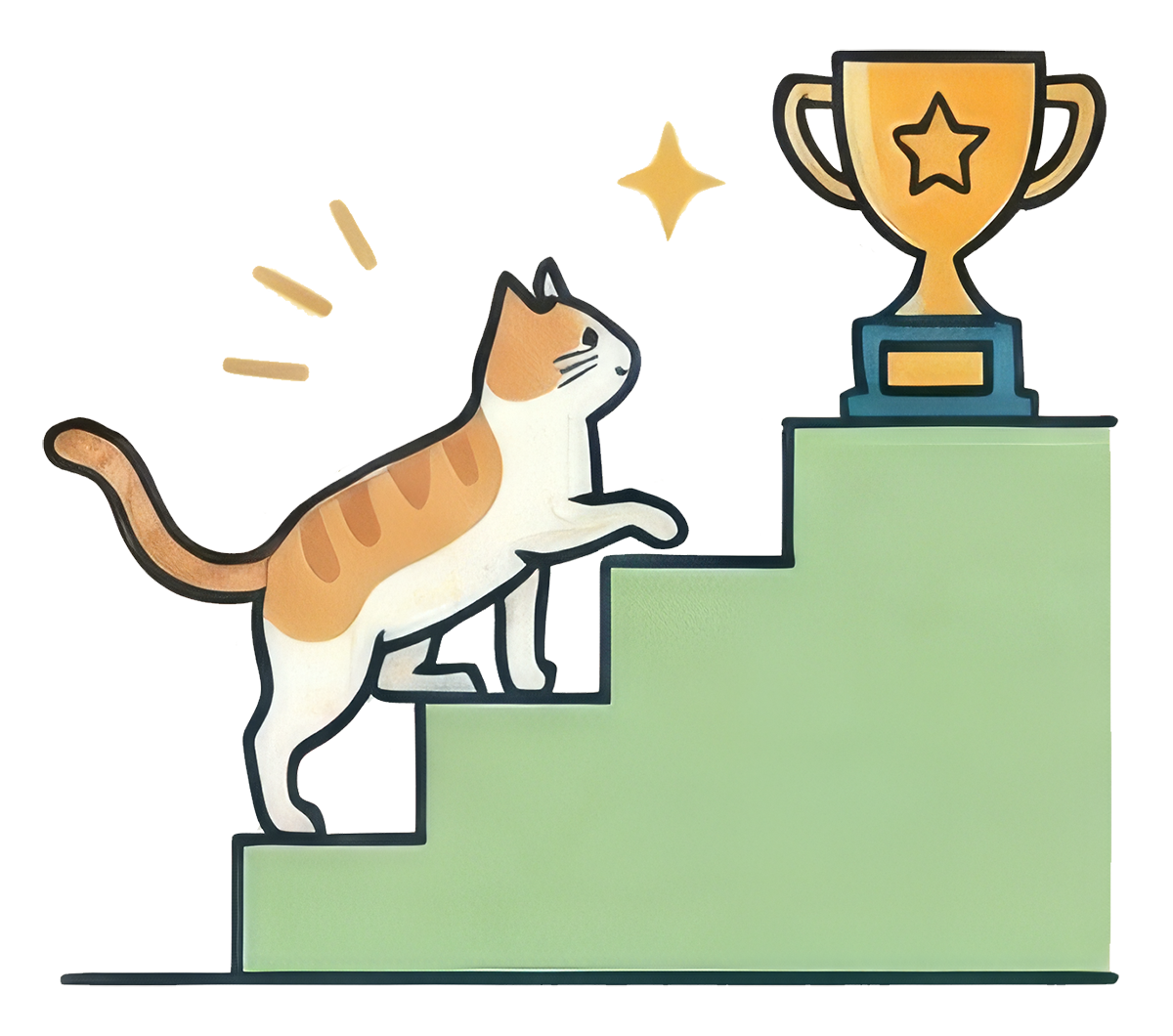 猫がステップを上がって目標に近づいている様子のイラスト画像