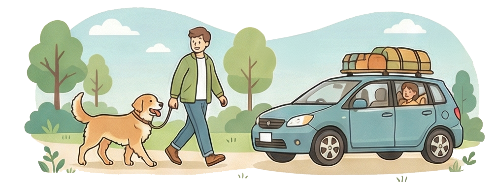 屋外で飼い主と犬が散歩している様子のイラスト