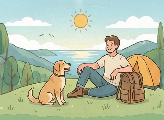 ペットと飼い主がキャンプ場で和やかにrelaxして座っている様子の画像