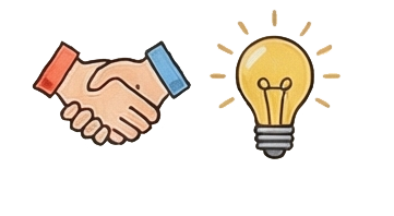 握手している様子のイラストとひらめきのマークのイラスト