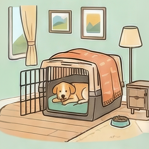 クレートやキャリーを「安心できる場所」にする様子のイラスト