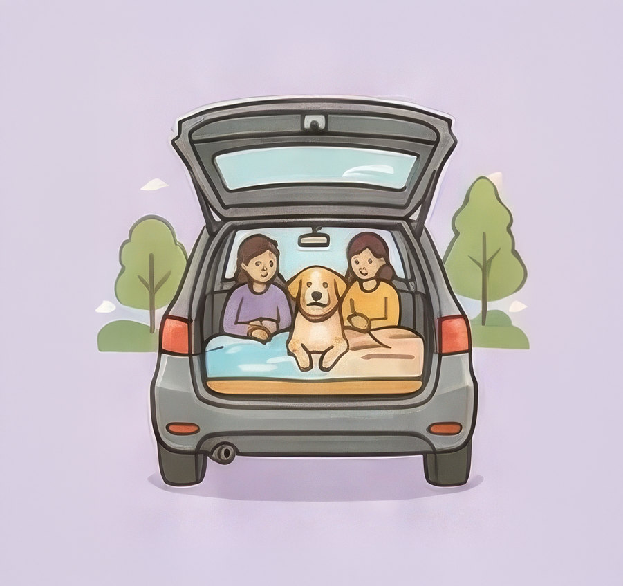 車での旅行（車中泊）を経験させる様子のイラスト