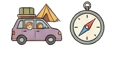 ペットと車で外出している様子と、方位磁石のイラスト